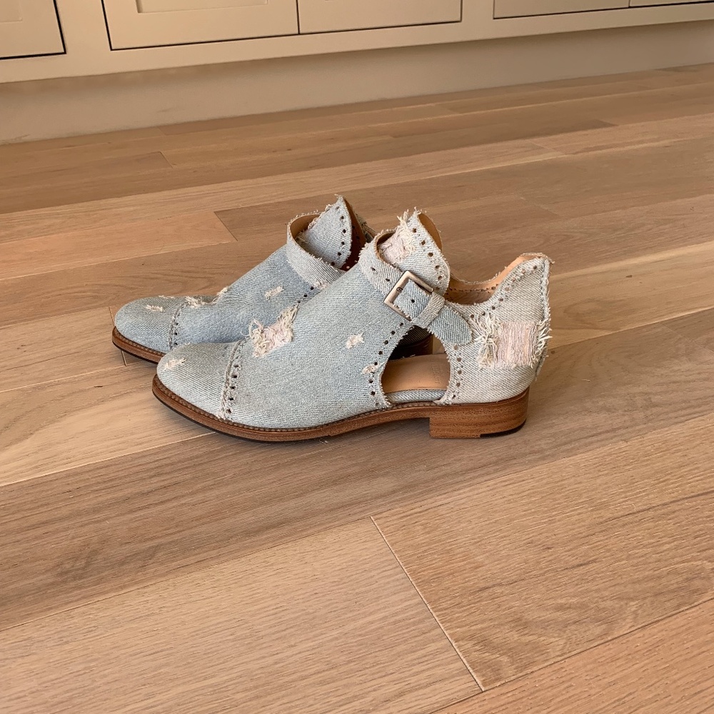 Office of Angela Scott Cutout Bootie, denim. Size 38.5